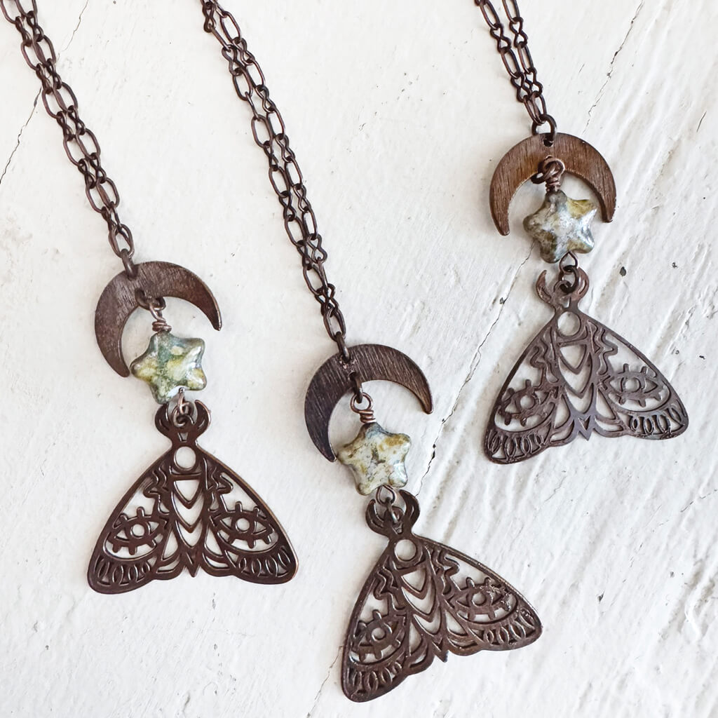 forest moon // copper electroformed moth pendant necklace - czech glass star by Peacock and Lime