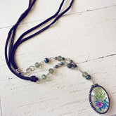 large boho bouquet // glass orb pressed flower pendant necklace - green & blue - by Peacock & Lime