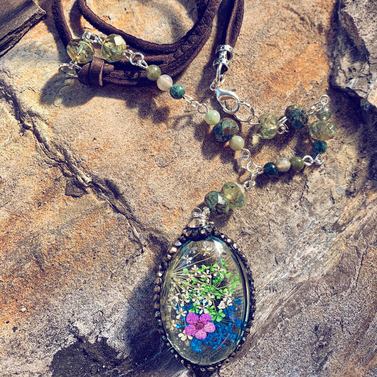 large boho bouquet // glass orb pressed flower pendant necklace - green & blue - by Peacock & Lime