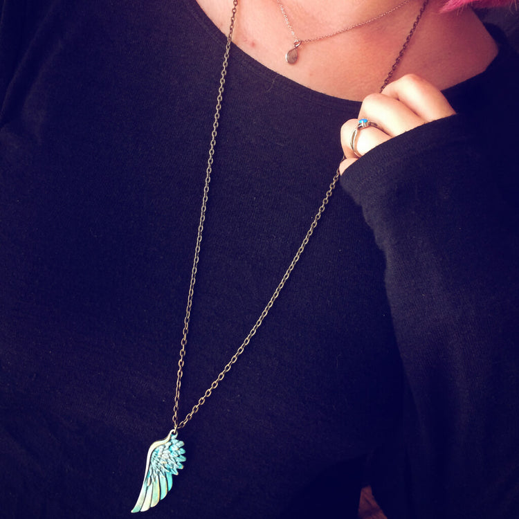 Soteria // hand painted wing pendant necklace - worn on model - Peacock & Lime