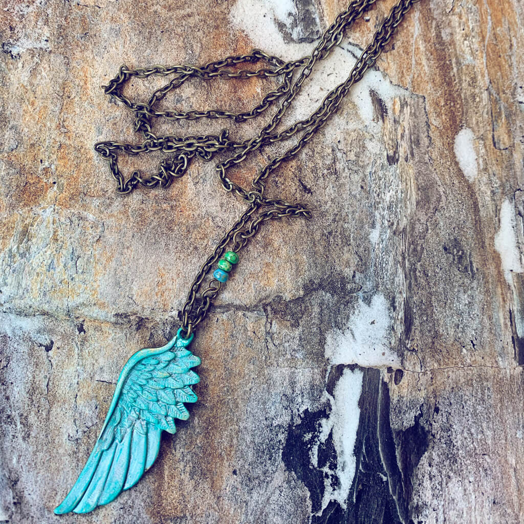 Soteria // hand painted wing pendant necklace - Peacock & Lime
