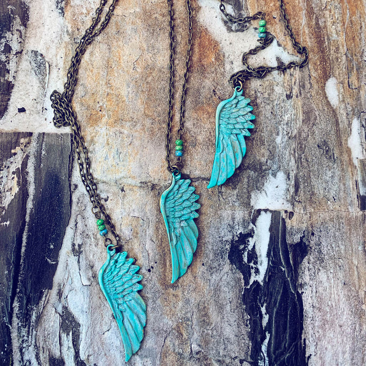 Soteria // hand painted wing pendant necklaces - Peacock & Lime