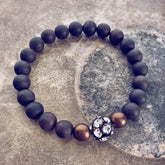 alignment // black sandalwood and crystal rhinestone sphere mala bead bracelet - Peacock & Lime