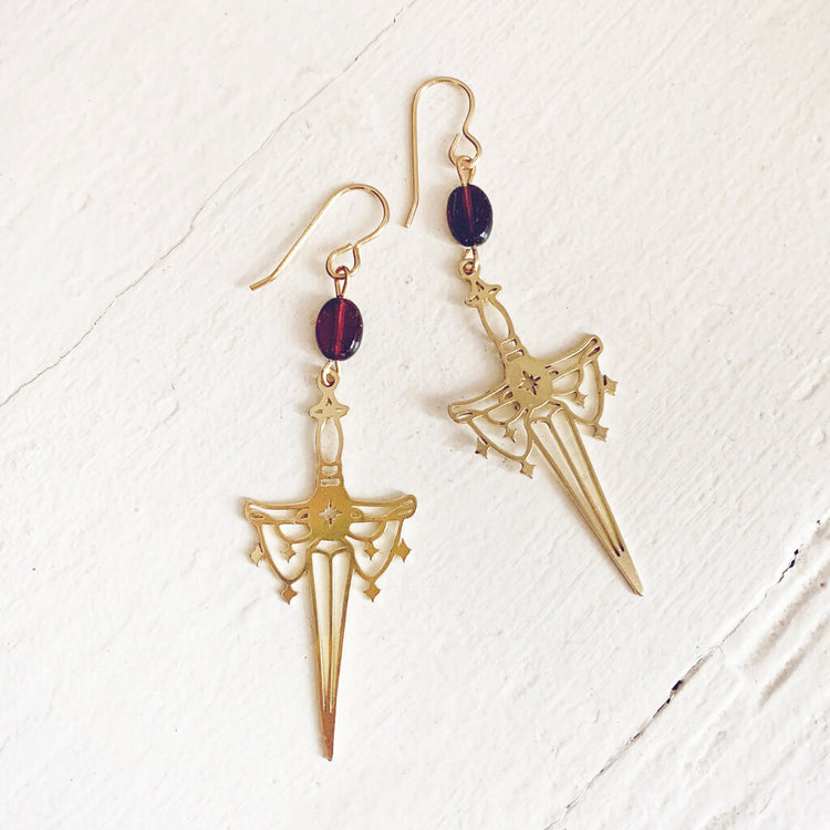 anelace // garnet and brass dagger earrings by Peacock and Lime