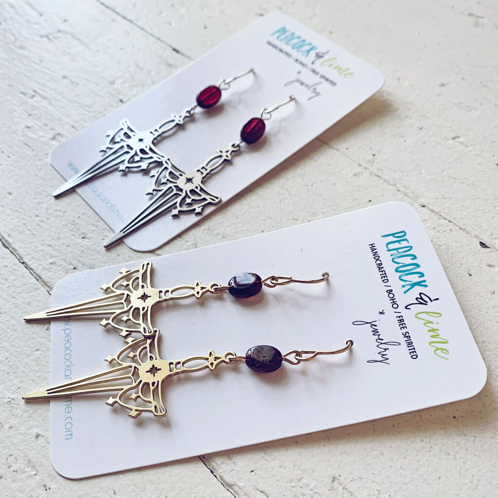 anelace // garnet and dagger earrings by Peacock and Lime