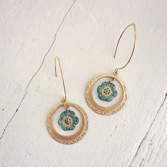 anemone // flower and embossed brass hoop earrings by Peacock and Lime