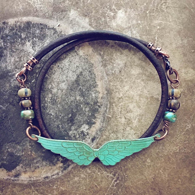 angel wings // thick leather wrap bracelet - choker - Peacock & Lime