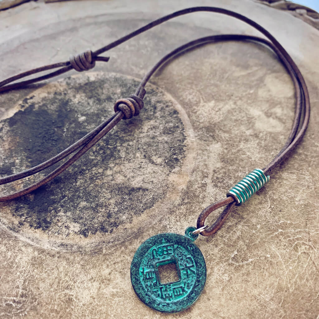 antiquity // men's rustic good luck coin pendant distressed leather necklace - Peacock & Lime
