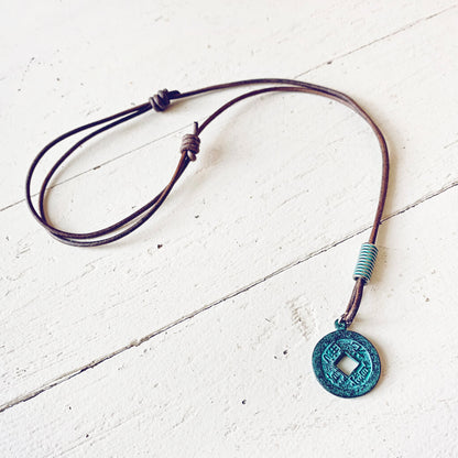 antiquity // men's rustic good luck coin pendant distressed leather necklace - Peacock & Lime