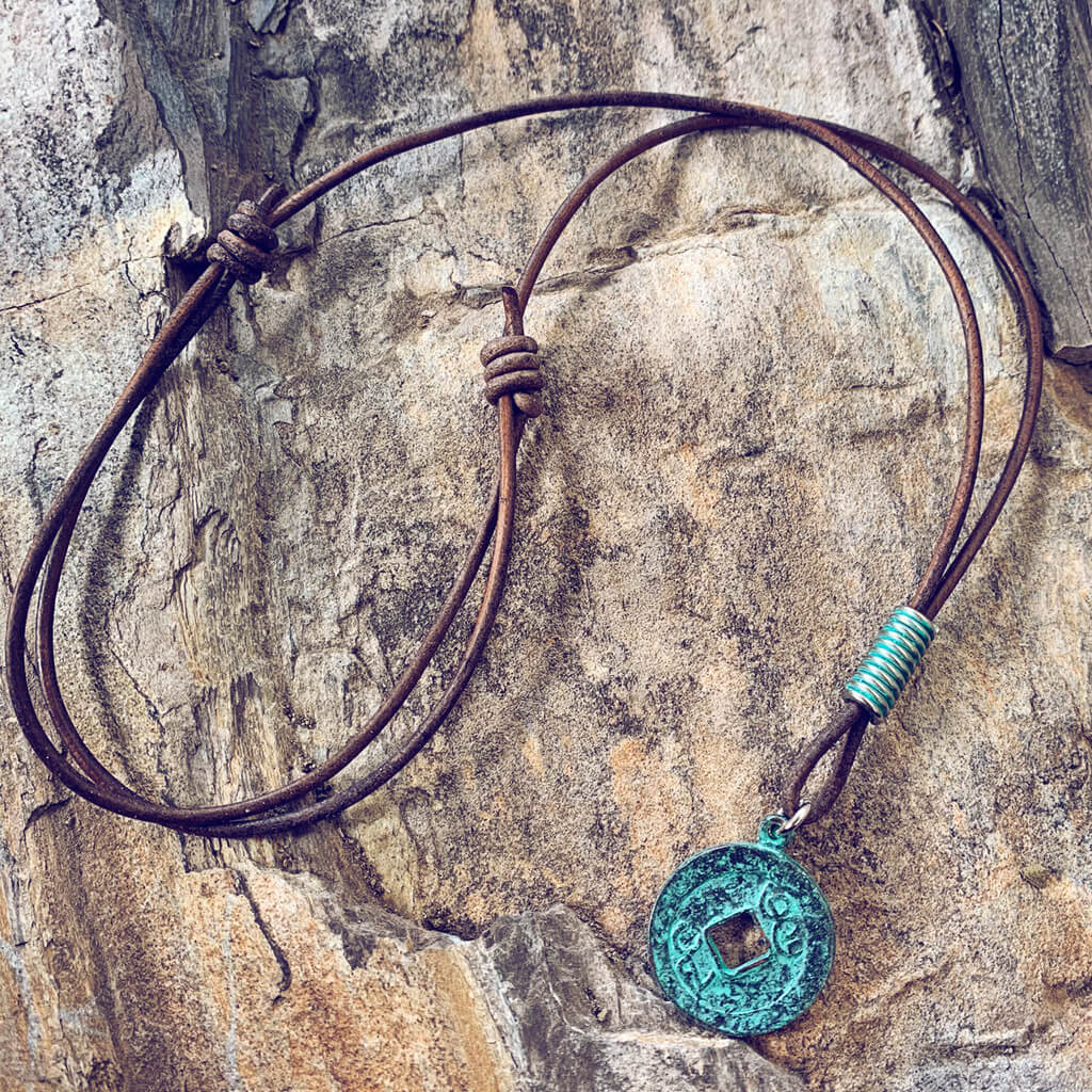 antiquity // men's rustic good luck coin pendant distressed leather necklace - Peacock & Lime