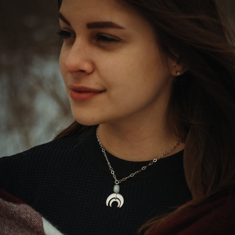 artemis // double crescent moon necklace - with moonstone - worn on model  - by Peacock & Lime
