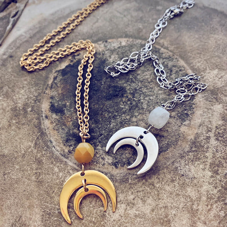 apollo and artemis // double crescent moon necklaces - with topaz jade or moonstone by Peacock & Lime