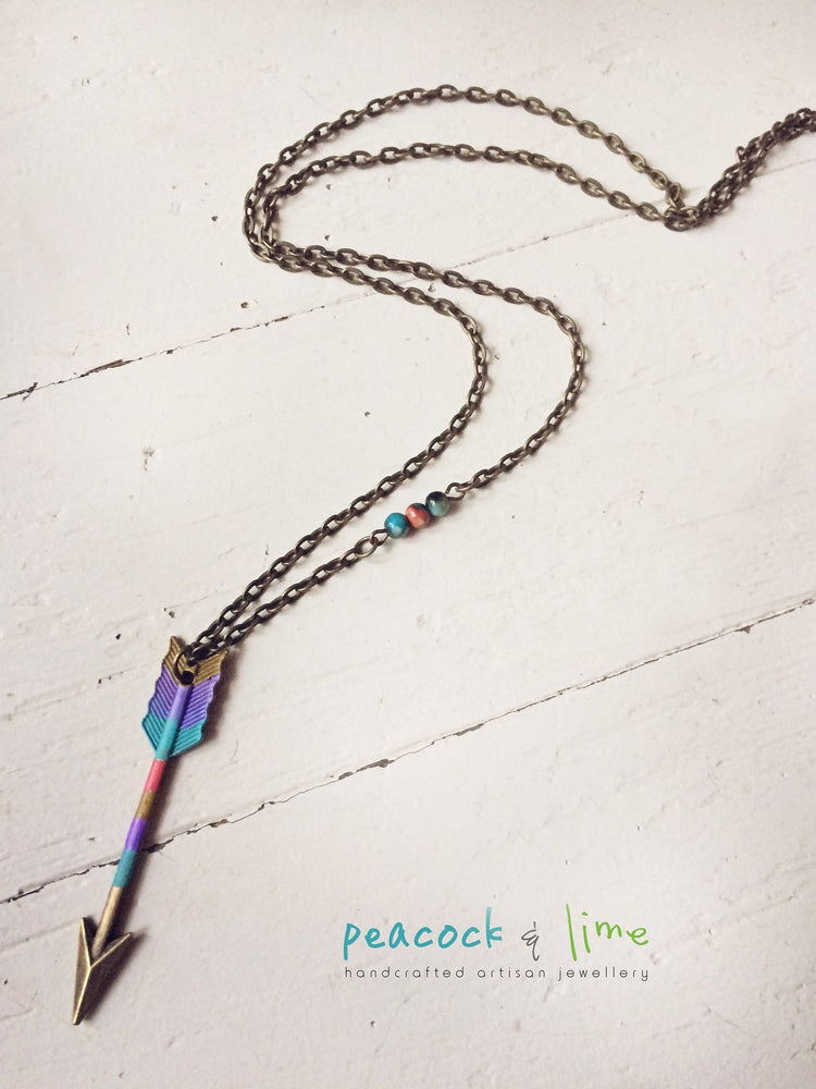 arrow pendant handpainted necklace - Peacock & Lime