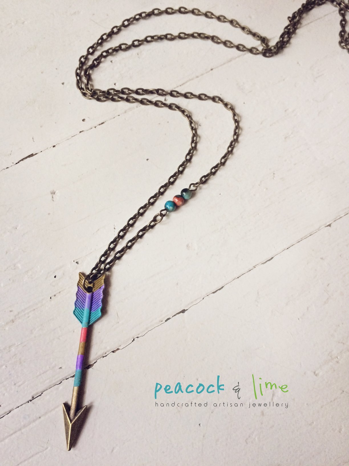 arrow pendant handpainted necklace - Peacock & Lime