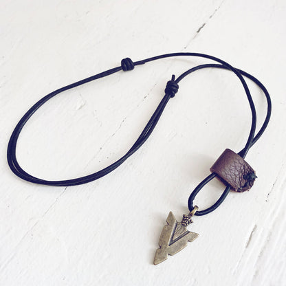 arrowhead // men's rugged distressed black leather necklace with arrow head pendant by Peacock and Lime