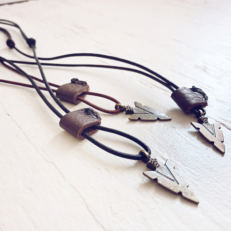 arrowhead // men's rugged distressed leather necklaces with arrow head pendant by Peacock and Lime