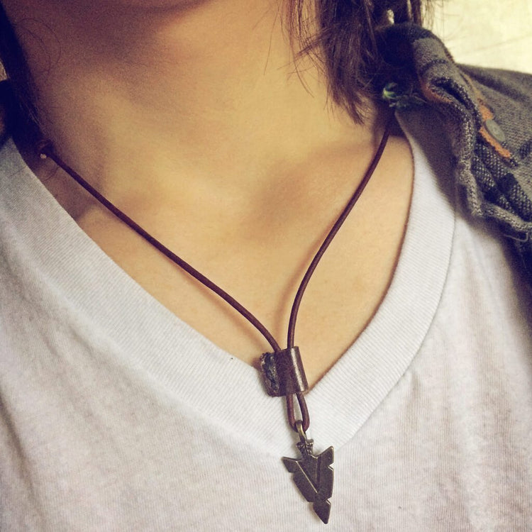 arrowhead // men's rugged distressed leather necklace with arrow head pendant - Peacock & Lime