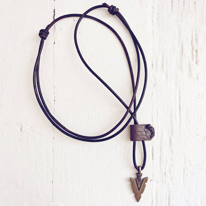 arrowhead // men's rugged distressed brown black leather necklace with arrow head pendant by Peacock and Lime