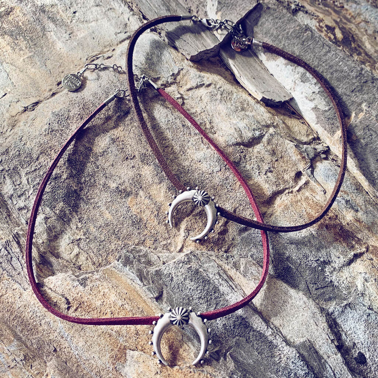artemis // double horn crescent moon choker necklaces - burgundy merlot & dark brown - Peacock & Lime
