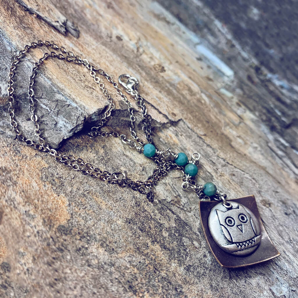 athene noctua // little owl - silver plated, bead and natural brass necklace