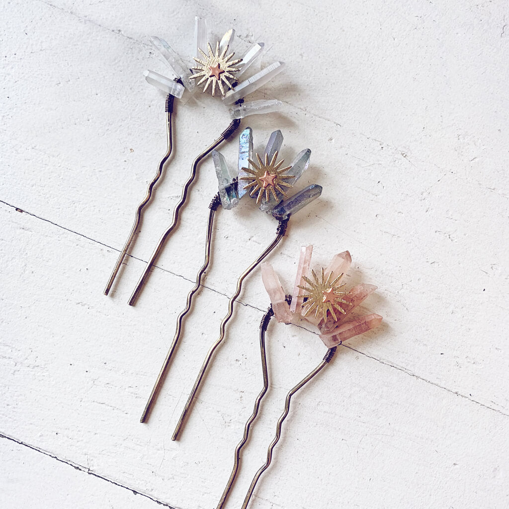 aura // quartz crystal antique brass hair fork stick pins with sun and star by Peacock & Lime