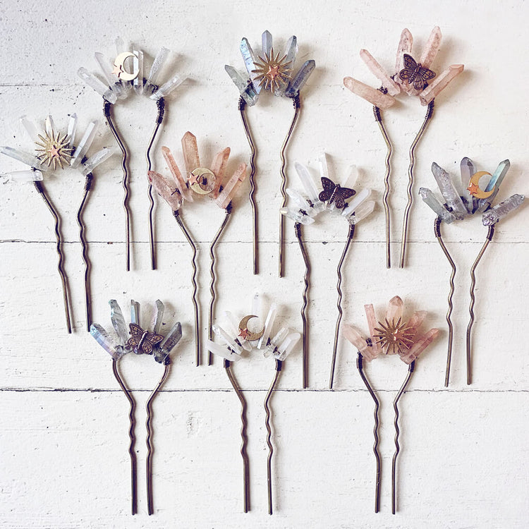 aura // quartz crystal antique brass hair fork stick pins by Peacock & Lime