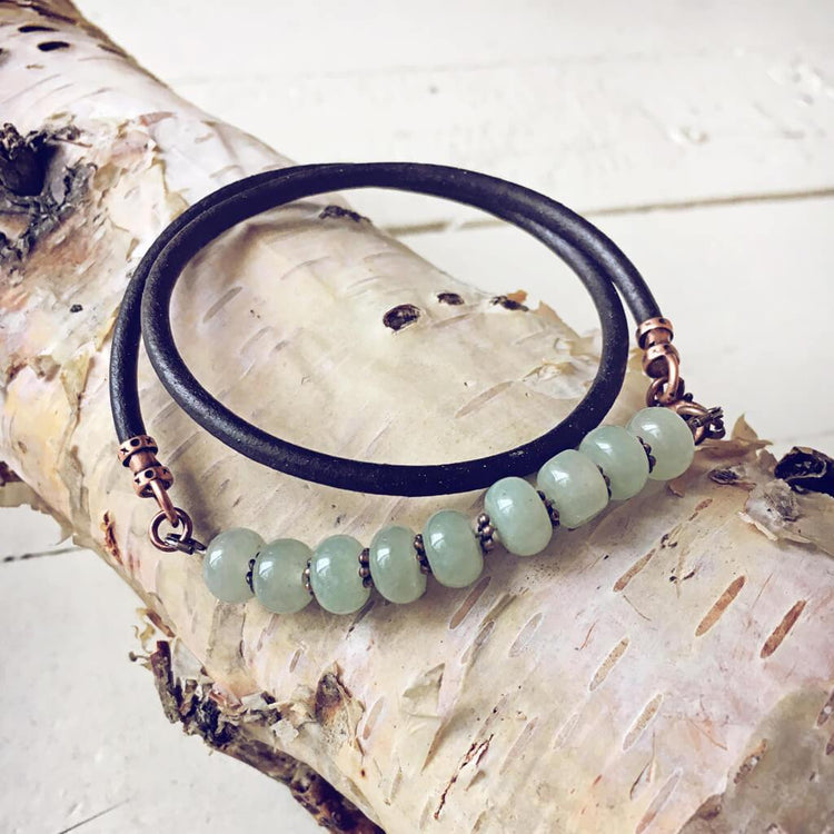 aventurine // thick leather wrap bracelet - choker - Peacock & Lime