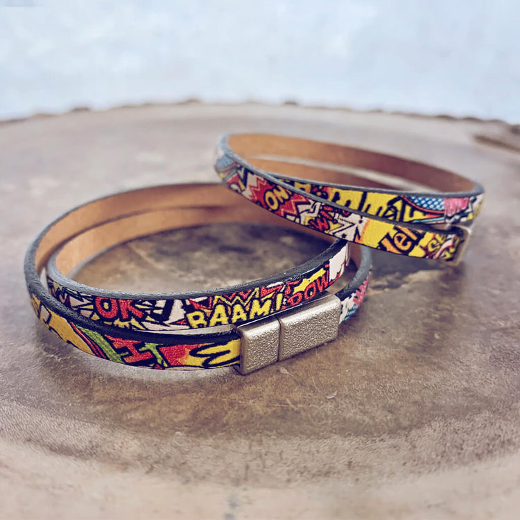 bam! // comic strip leather wrap bracelet by Peacock & Lime