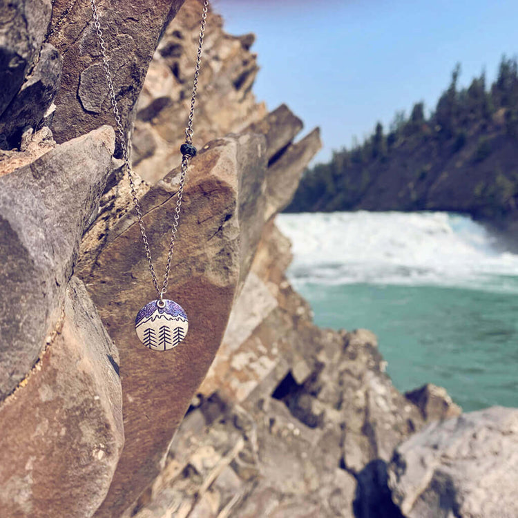 banff mountain love // handpainted mountain & trees silver charm necklace - dusk - at bow falls banff national park - Peacock & Lime