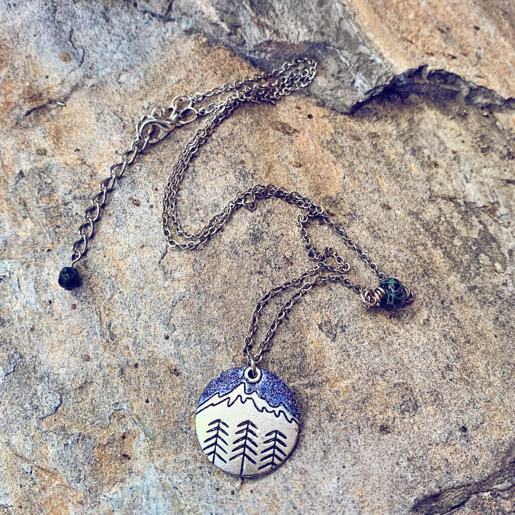 banff mountain love // handpainted mountain & trees silver charm necklace - dusk - Peacock & Lime