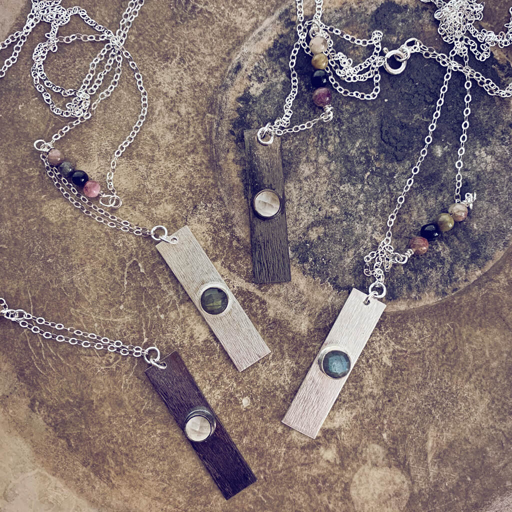 bar // tourmaline, labradorite or quartz gemstone and sterling silver bar necklaces - Peacock & Lime
