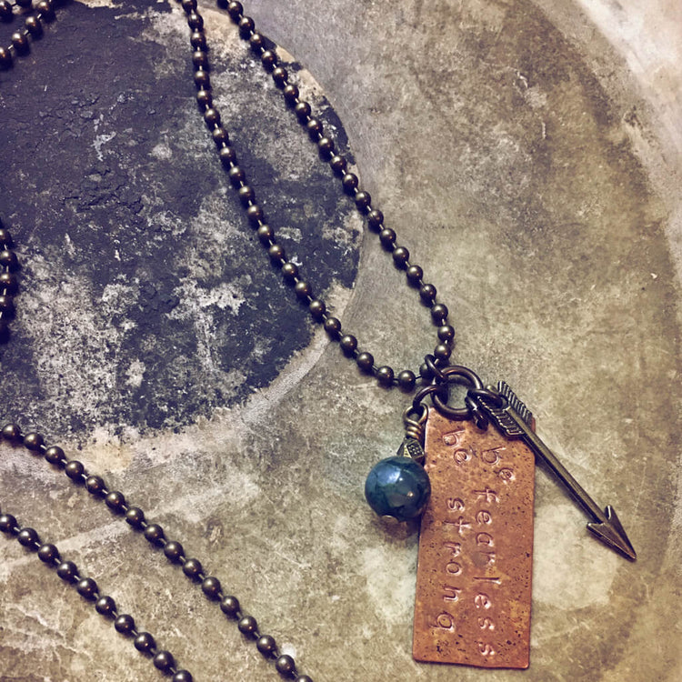 be fearless be strong copper pendant necklace - Peacock & Lime