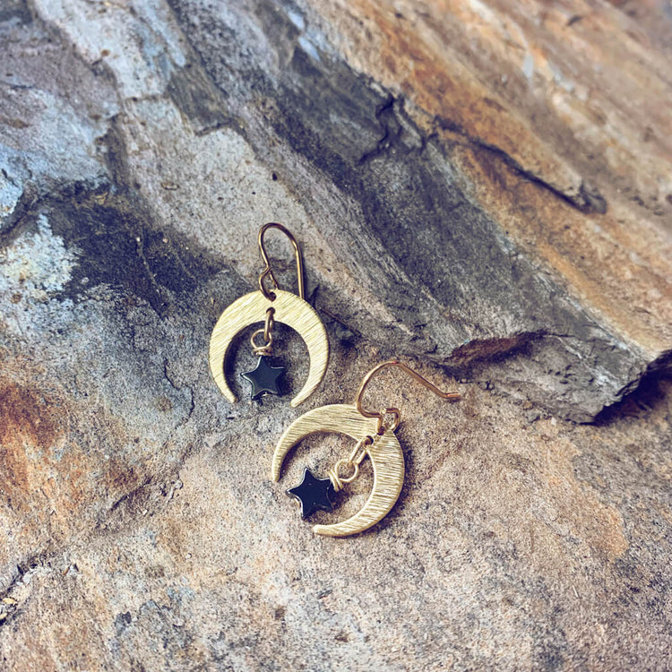black neutron star brass crescent moon and hematite star earrings by Peacock and Lime