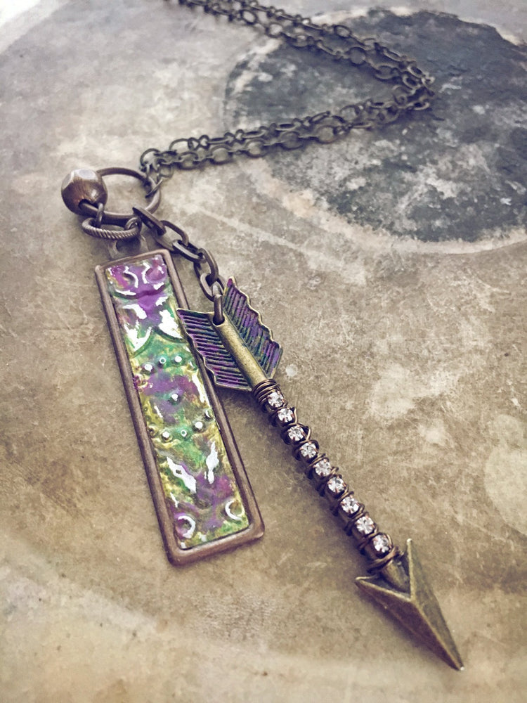 bling arrow and embossed metal tag pendant necklace - Peacock & Lime