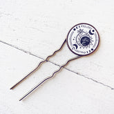 bohemian moon // antique brass hair fork stick pin with moon sun and flower motif by Peacock and Lime