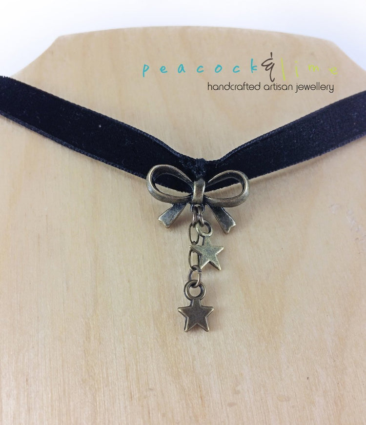 boho black velvet ribbon choker with bow and star charms - Peacock & Lime