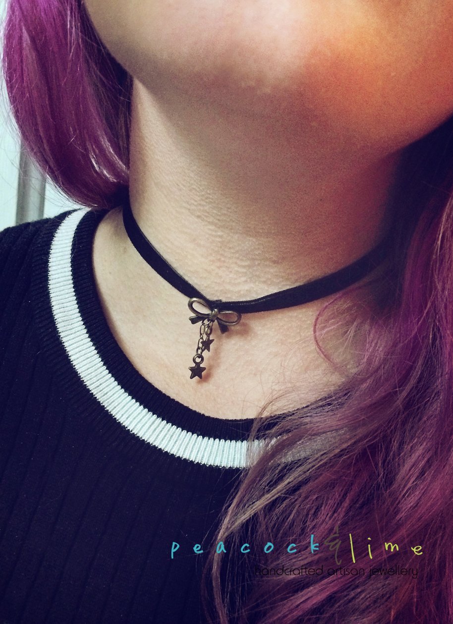 boho black velvet ribbon choker with bow and star charms - Peacock & Lime