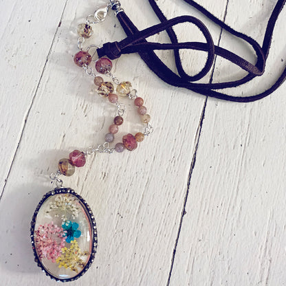 large boho bouquet // glass orb pressed flower pendant necklace - blue yellow pink & cream - by Peacock & Lime