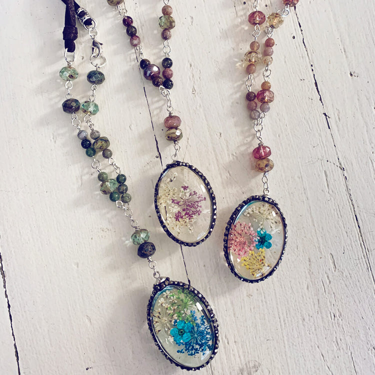large boho bouquet // glass orb pressed flower pendant necklaces - by Peacock & Lime