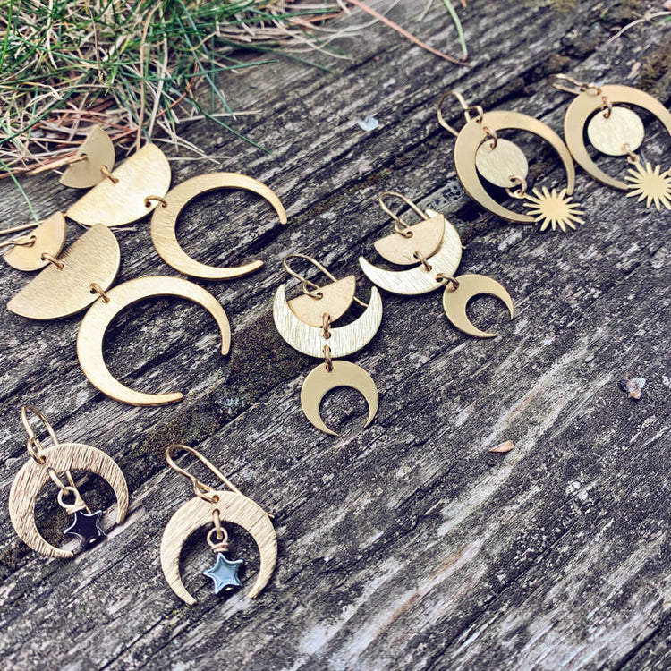boho brass moon, sun and star earrings by Peacock and Lime