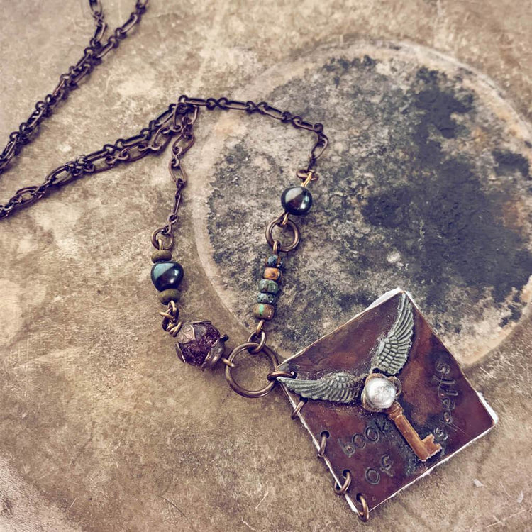 book of spells // mini journal blank book natural brass pendant necklace - Peacock & Lime