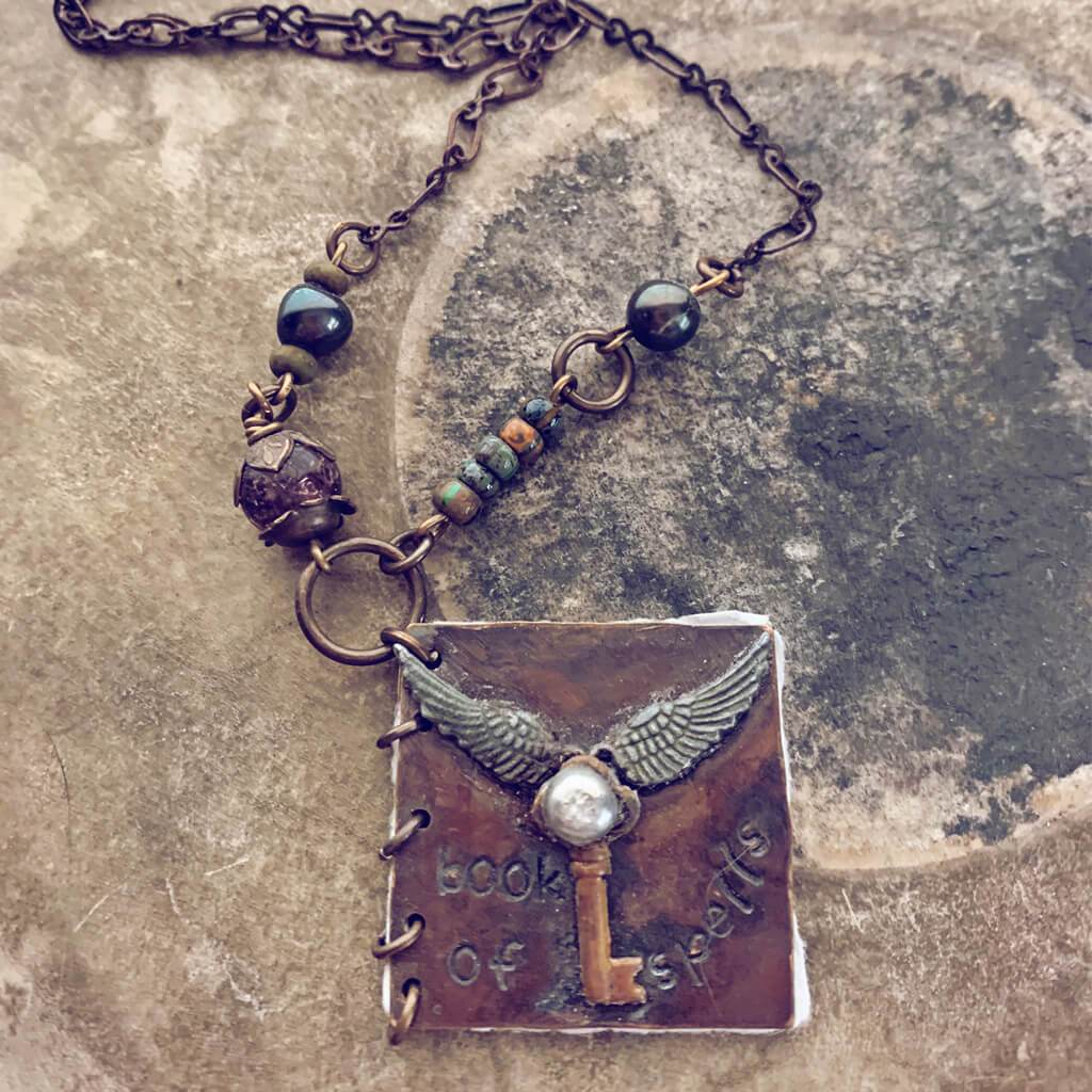 book of spells // mini journal blank book natural brass pendant necklace - Peacock & Lime