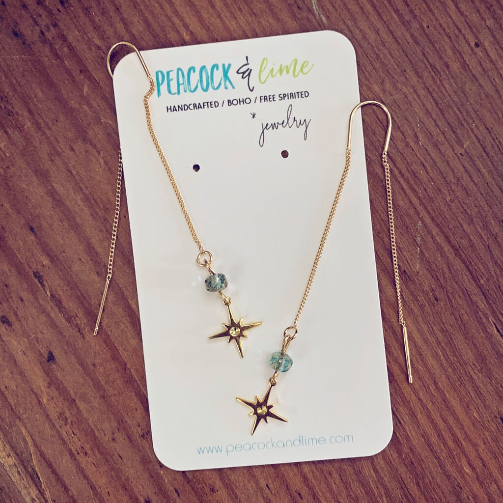 bright twilight star // brass threader earrings with czech glass bead & brass star by Peacock and Lime