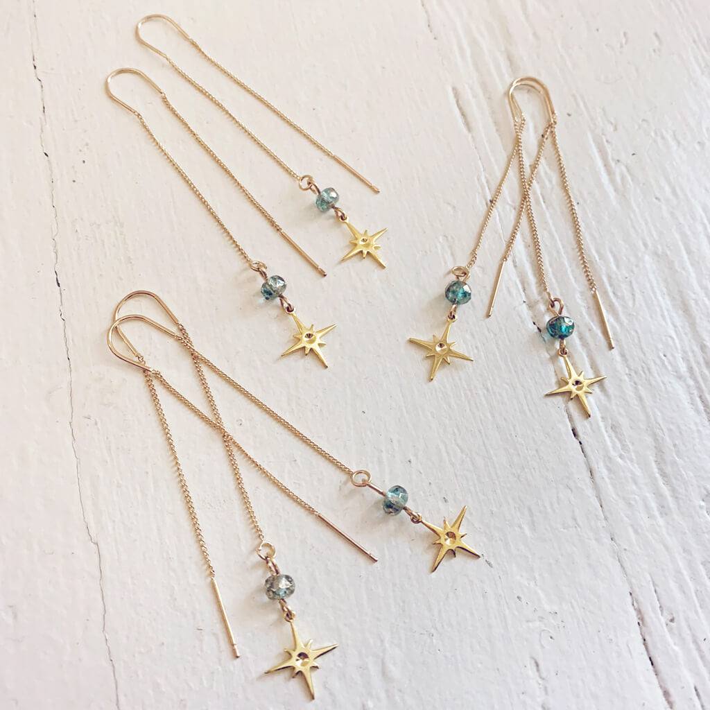 bright twilight star // brass threader earrings with czech glass bead & brass star by Peacock and Lime