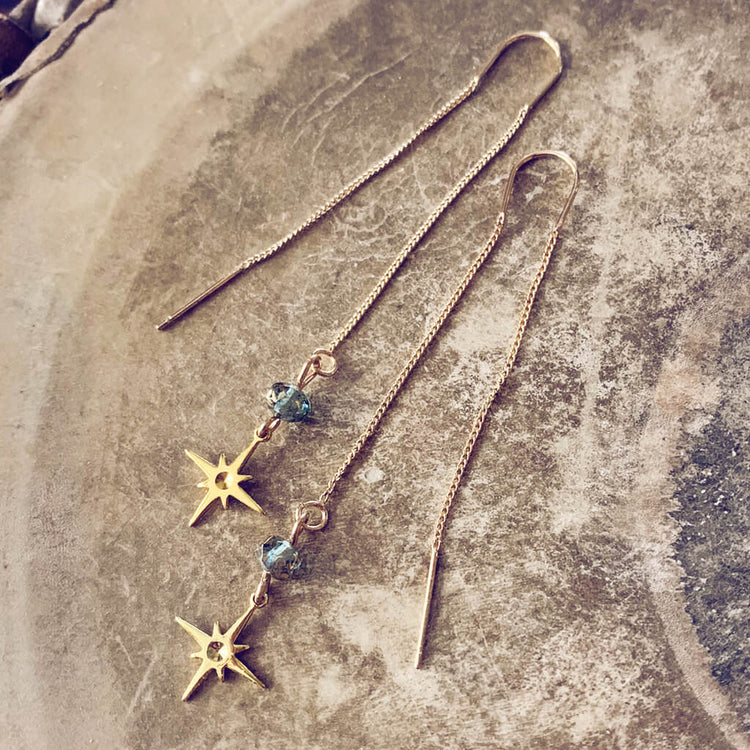 bright twilight star // brass threader earrings with czech glass bead & brass star by Peacock and Lime