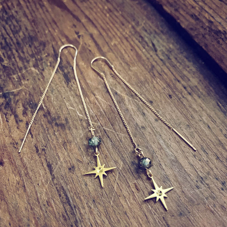 bright twilight star // brass threader earrings with czech glass bead & brass star by Peacock and Lime