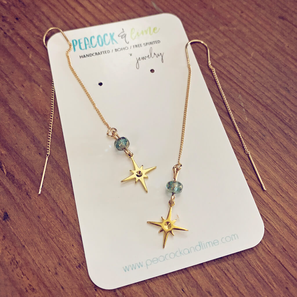 bright twilight star // brass threader earrings with czech glass bead & brass star by Peacock and Lime