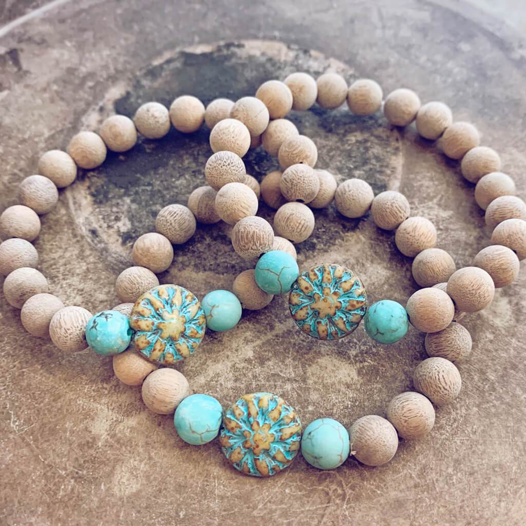 calm // blonde silkwood turquoise and czech glass mala bead bracelet - Peacock & Lime