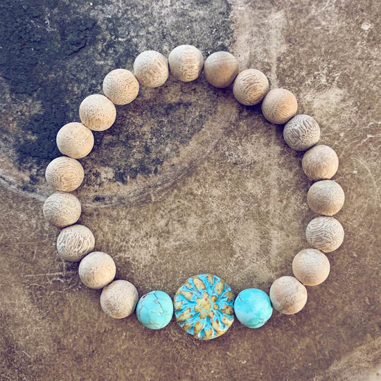 calm // blonde silkwood turquoise and czech glass mala bead bracelet - Peacock & Lime