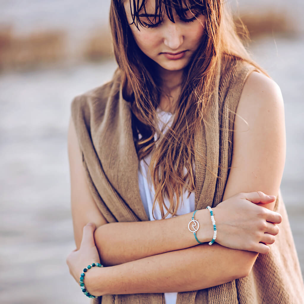 catch a wave // beachy bracelet style pack, set of 3 worn on model by Peacock & Lime